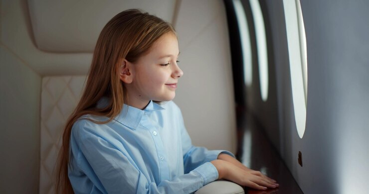 Niño sentado en el asiento del avión y mirando a la ventana