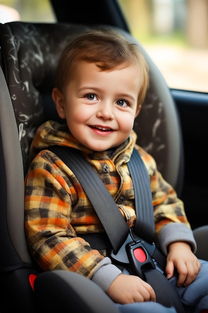 Niño sentado en el asiento del coche sonriendo a la cámara IA generativa