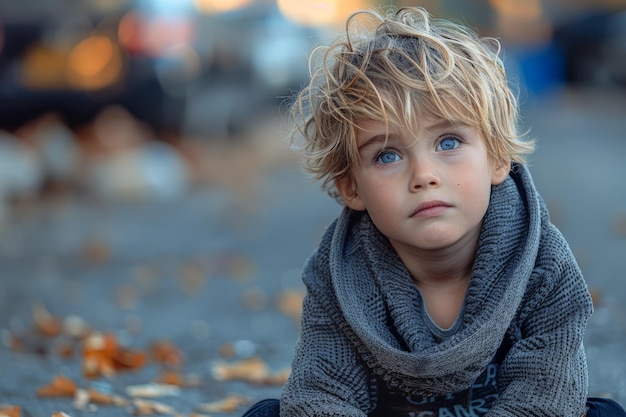 Foto niño sentado con una bufanda