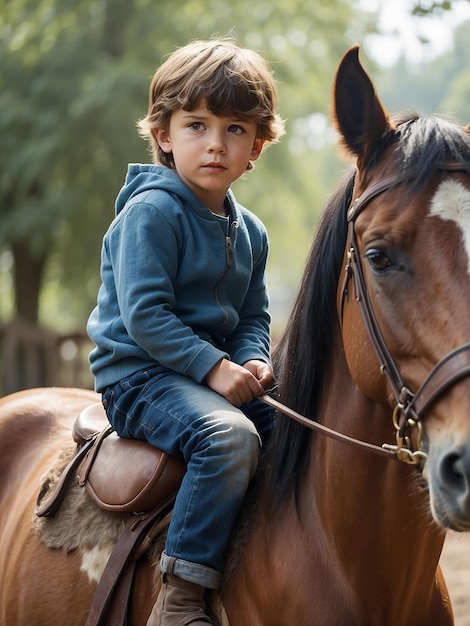 Foto un niño está sentado en un caballo