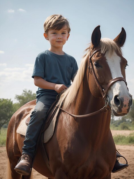 Foto un niño está sentado en un caballo