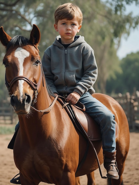 Foto un niño está sentado en un caballo