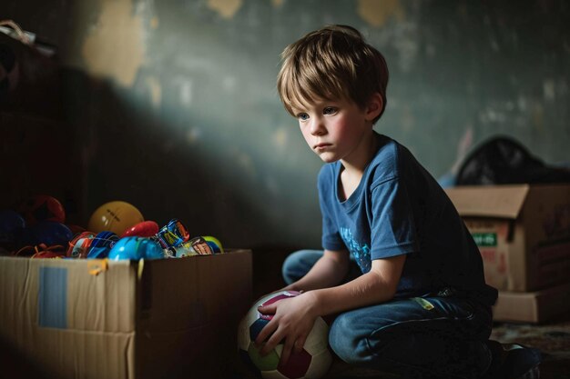 Un niño sentado en una caja con una pelota de fútbol IA generativa