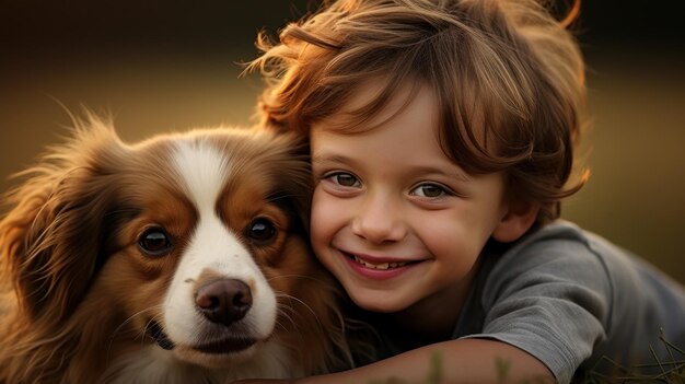 Foto un niño sentado en el campo con su amigo perro