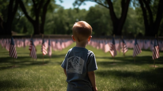 Niño sentado cerca de lápidas con banderas americanas Generativo ai