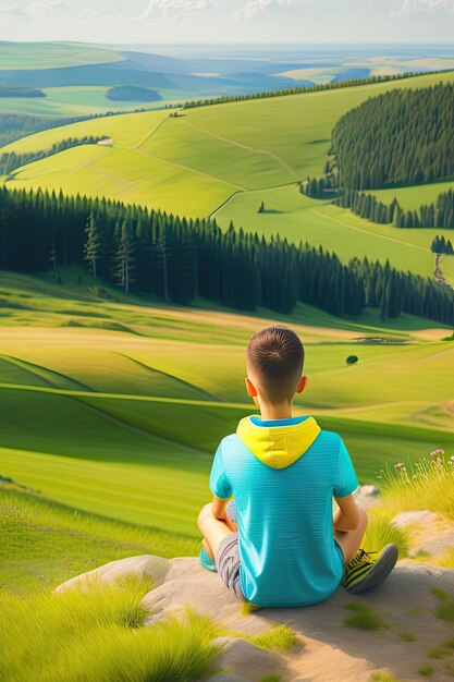 Niño sentado en la cima de una colina en el campo de hierba y disfrutando de hermosas vistas del paisaje