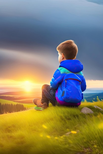 Niño sentado en la cima de una colina en el campo de hierba y disfrutando de hermosas vistas del paisaje
