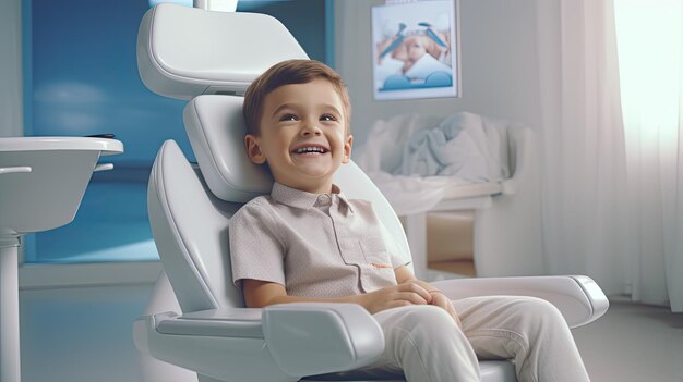 un niño sentado cómodamente en la silla de un dentista con un fondo claro que muestra una experiencia dental positiva