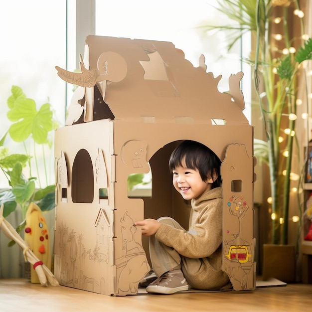 Foto un niño sentado dentro de una casa de cartón