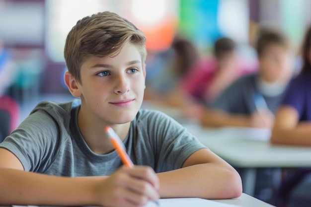 un niño sentado en un escritorio con un lápiz en la mano