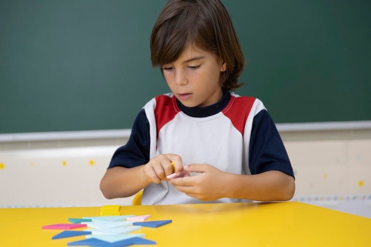 Foto niño sentado en la escuela