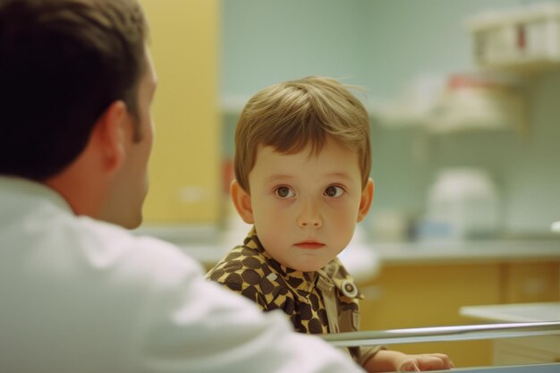 Foto un niño sentado frente a un hombre en un laboratorio