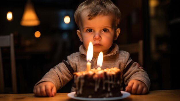 Foto niño sentado frente a un pastel de velas encendidas