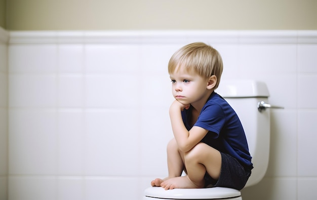 Niño sentado en el inodoro Constipación o concepto de hábito intestinal normal