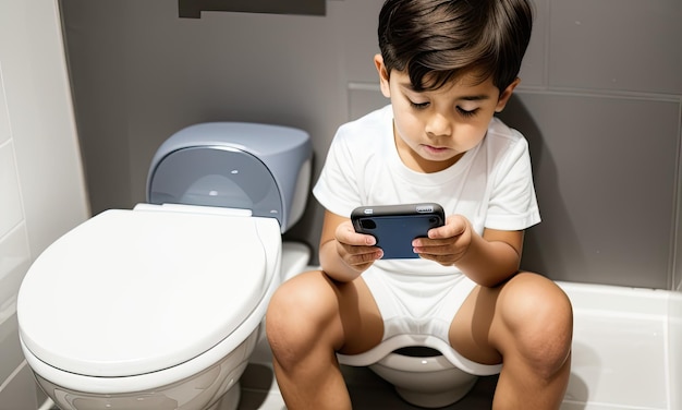 Foto un niño está sentado en un inodoro con un teléfono en la mano.