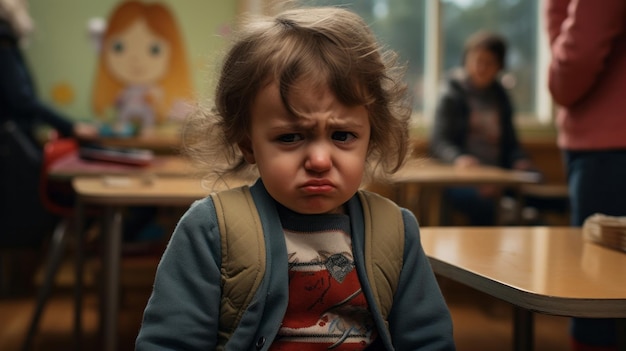 Foto niño sentado y llorando en el jardín de infantes triste e infeliz bebé llorando para irse a casa