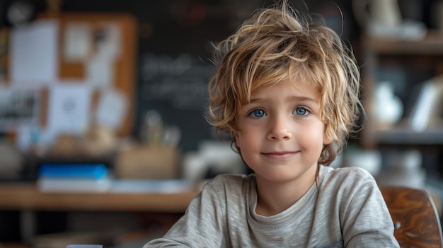 Foto niño sentado en la mesa frente a la pizarra