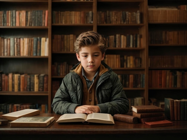 un niño sentado en una mesa con un libro delante de él