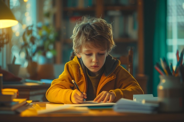 Niño sentado en una mesa con pluma y papel centrado en escribir y dibujar