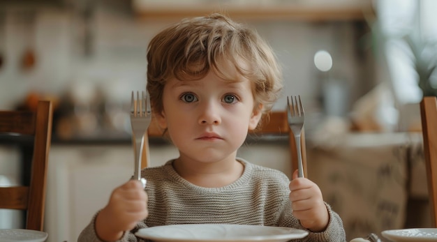 Niño sentado en la mesa con un tenedor y una cuchara