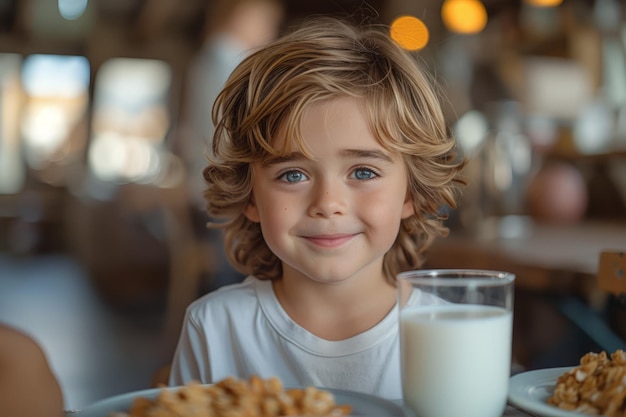 Niño sentado a la mesa con un vaso de leche