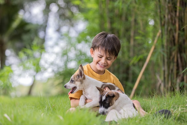 Niño sentado en el parque con perros