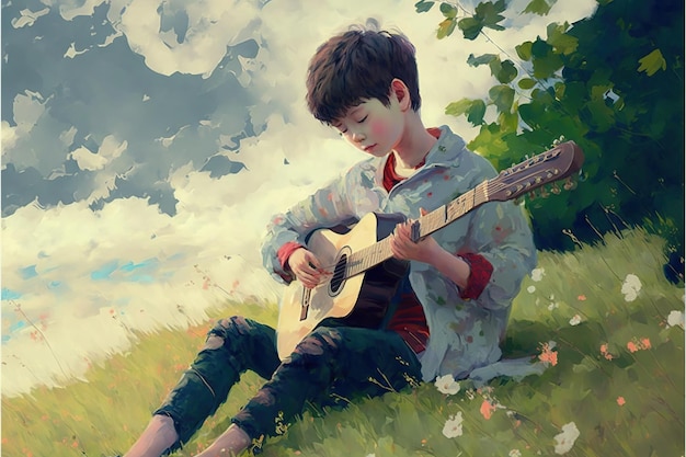 Niño sentado en el prado con la guitarra Un niño toca la guitarra en el prado y mira el hermoso cielo Pintura de ilustración de estilo de arte digital