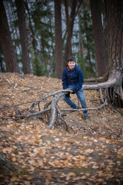 Un niño sentado en la raíz de un árbol en el bosque