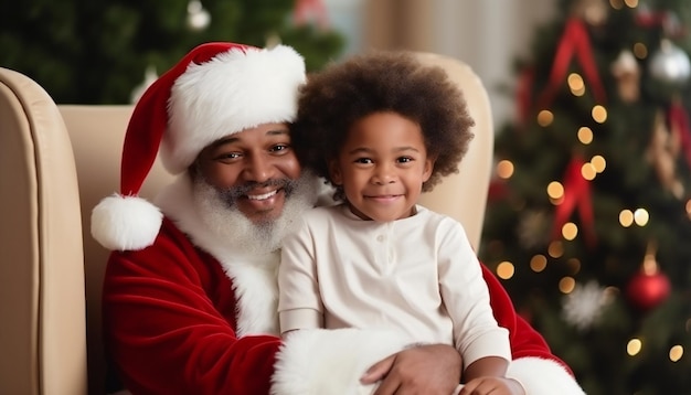 Niño sentado en el regazo del Papá Noel afroamericano alrededor