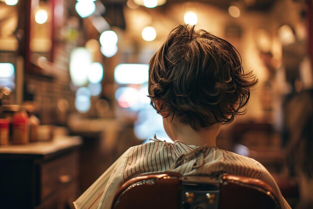 Niño sentado en la silla del barbero recibiendo su primer corte de pelo barbería para niños vista trasera