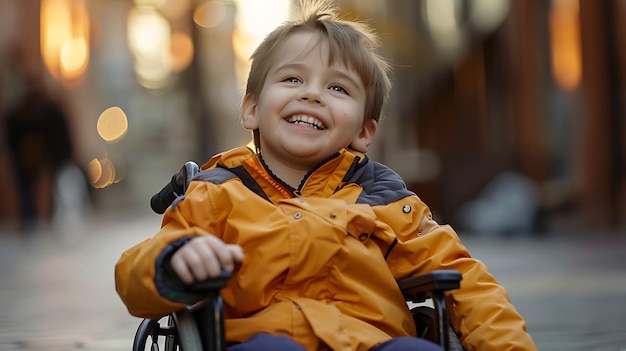 Foto niño sentado en silla de ruedas sonriendo