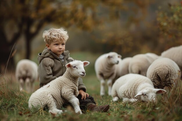 Niño sentado sobre una oveja en un campo