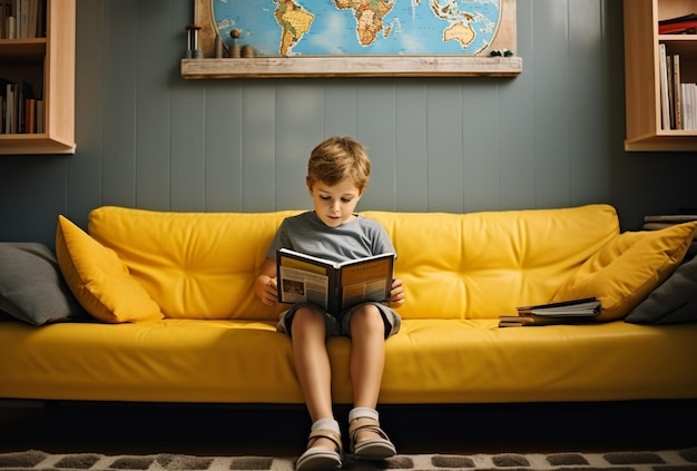 Niño sentado en el sofá amarillo y leyendo un libro en serio