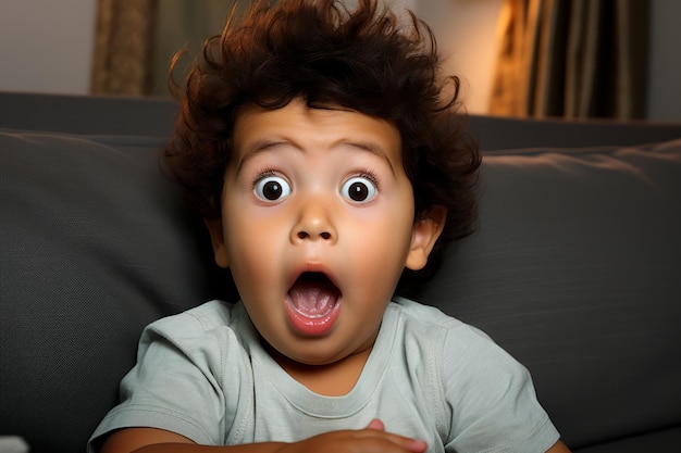 un niño sentado en un sofá con una mirada sorprendida en su cara