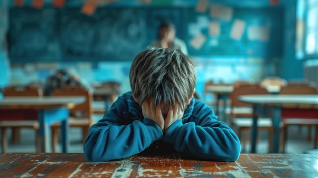 Niño sentado solo con las manos sobre las mejillas en un aula durante las horas escolares