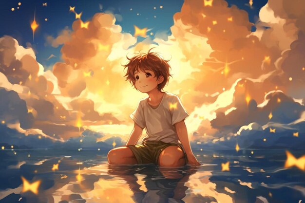 un niño sentado en el suelo en el agua