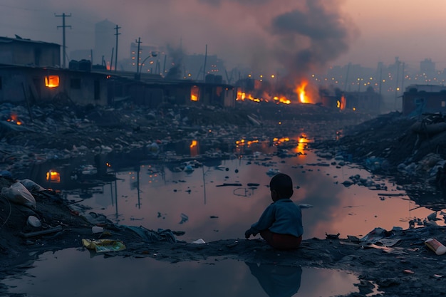 Foto un niño sentado en el suelo en los barrios marginales rodeado de escombros y charcos de agua