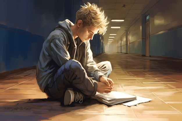 Un niño sentado en el suelo escribiendo en un libro IA generativa