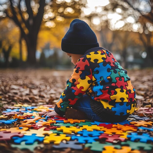 Foto un niño sentado en el suelo con un rompecabezas