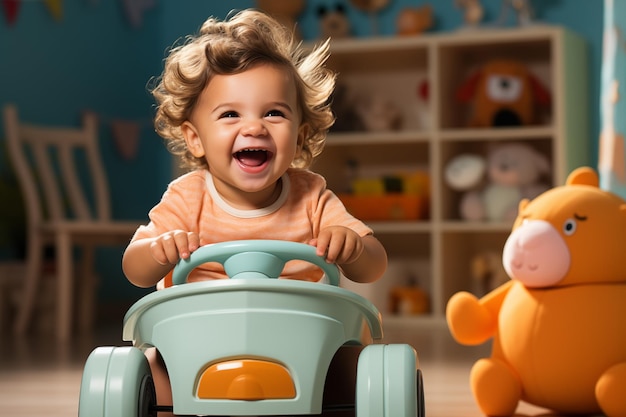 Un niño se sienta en un coche de juguete en la casa