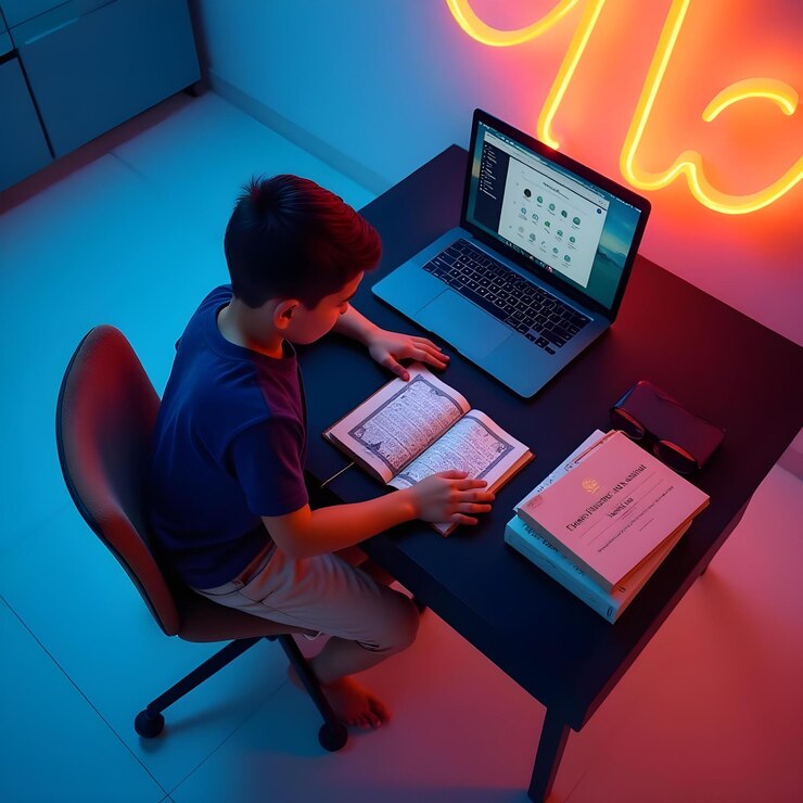 Foto un niño se sienta en un escritorio con una computadora portátil y un letrero de neón que dice lg