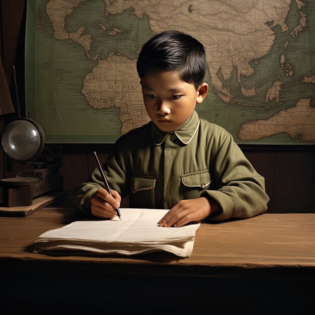 un niño se sienta en un escritorio con un mapa y un globo detrás de él