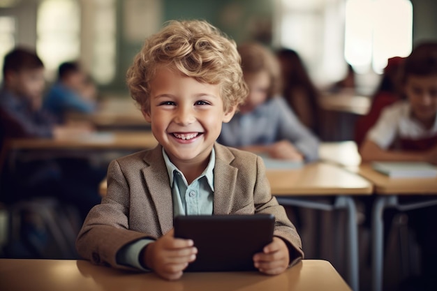 Un niño se sienta en un escritorio en un salón de clases con una tableta en la mano.