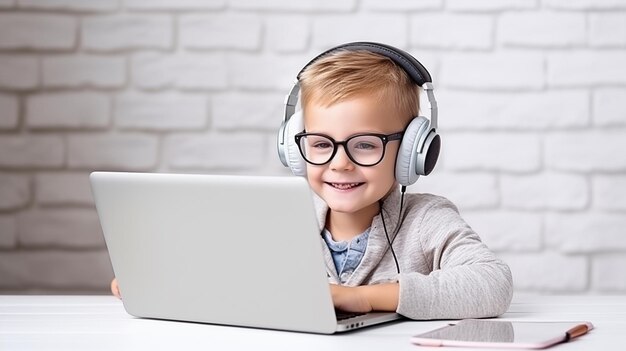 Un niño se sienta frente a una computadora portátil con auriculares Concepto de aprendizaje a distancia