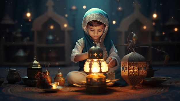 Un niño se sienta frente a una linterna con las palabras ramadán.