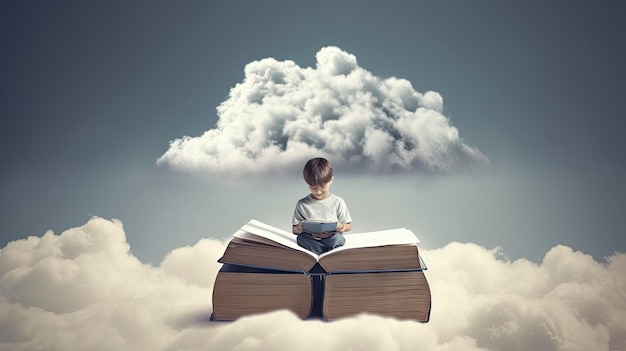 Un niño se sienta en un libro en las nubes y lee un libro.