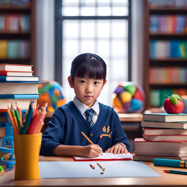 un niño se sienta en una mesa con libros y lápices