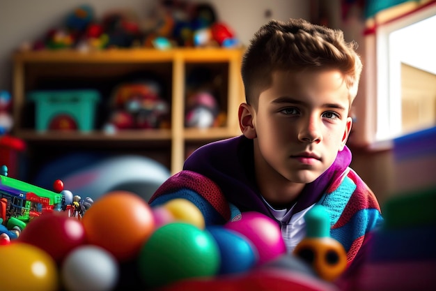 Un niño se sienta en una mesa con un montón de pelotas al fondo.