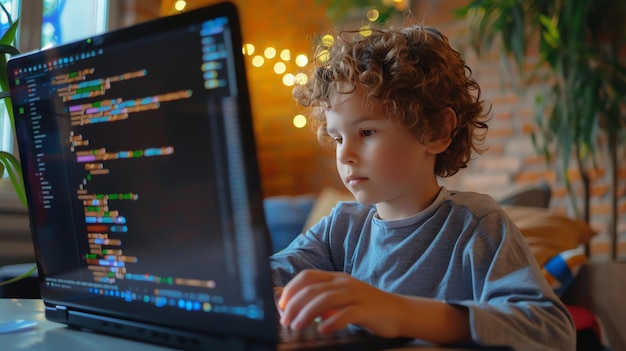 Un niño se sienta en una mesa y usa una computadora portátil para escribir código