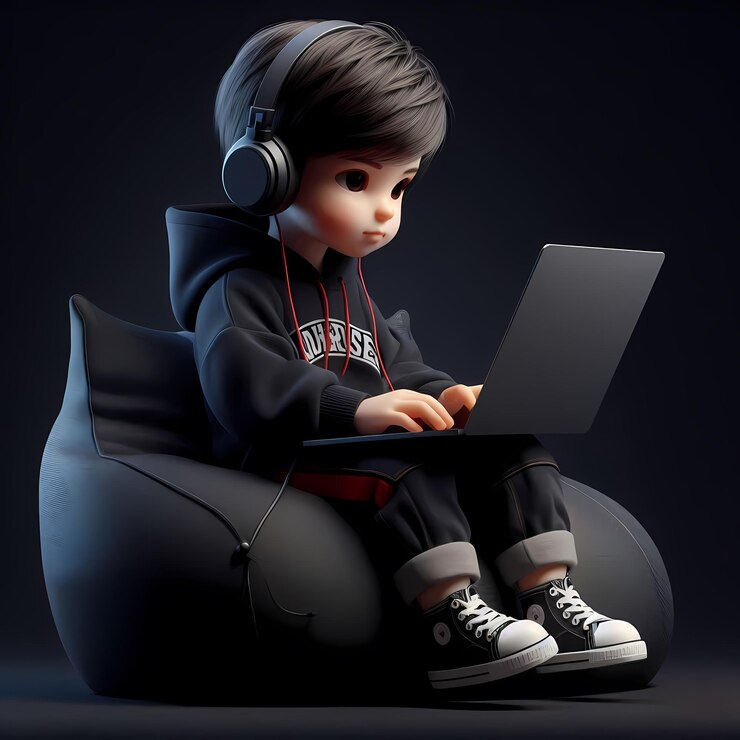 Foto un niño se sienta en una motocicleta de juguete con una computadora portátil y auriculares